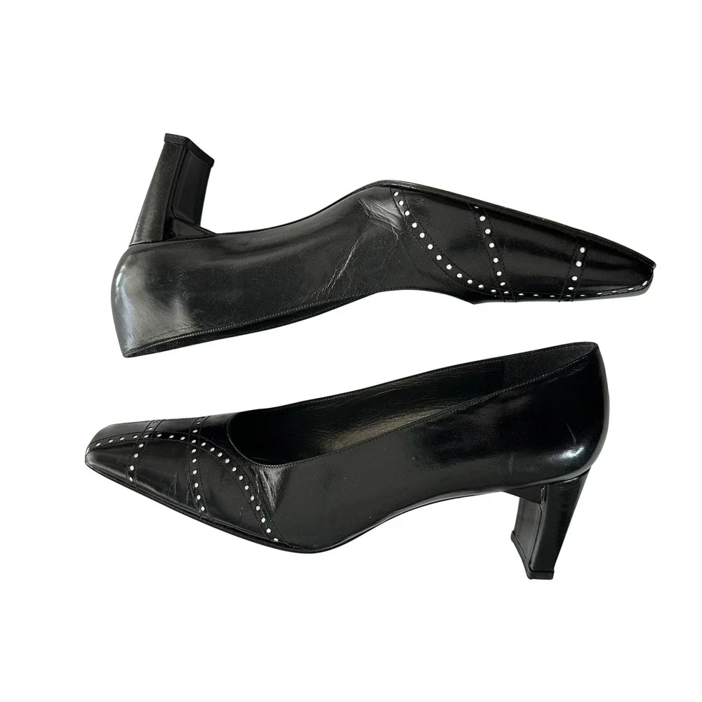 Stuart Weitzman Black Leather Studded Square Toe Block Heel Pumps Spain 10 B